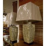 TABLE LAMPS, a pair, 21st century ceramic of Oriental design, plus shades 75cm H overall.