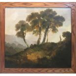ANDRE DE MOLLER, oil on canvas, landscape with figure seated under a tree, framed, 60cm x 50cm.