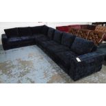 CORNER SOFA, in navy blue upholstery on block supports, 404cm x 255cm.
