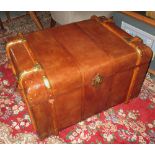 TRUNK, tan leather Ralph Lauren style with metal clad wooden bindings, 75cm W x 47cm H.