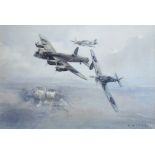 ERIC DAY, 'Battle of Britain Memorial flight over Canterbury' watercolour, 38cm x 55cm,