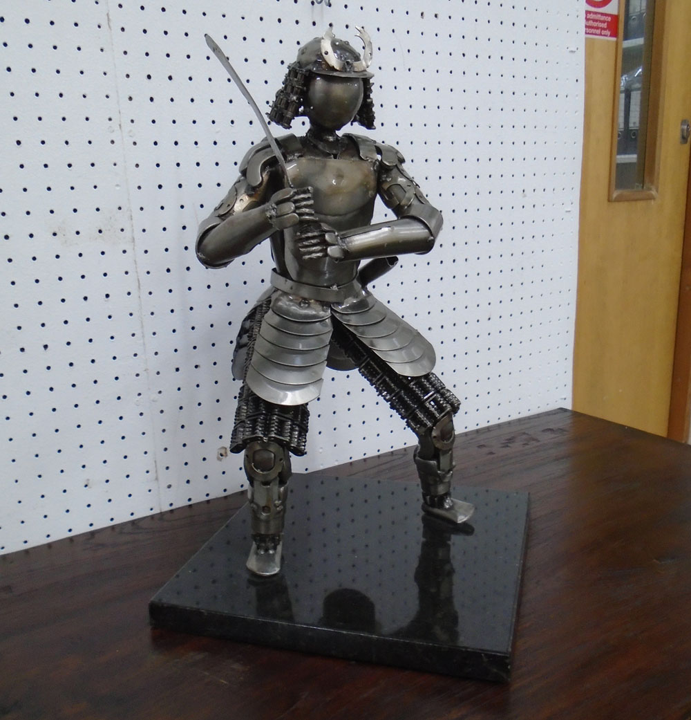 METAL SCULPTURE, made from car parts of a Samurai warrior on marble base, 43cm H.