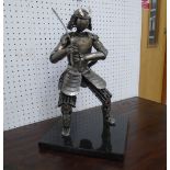 METAL SCULPTURE, made from car parts of a Samurai warrior on marble base, 43cm H.