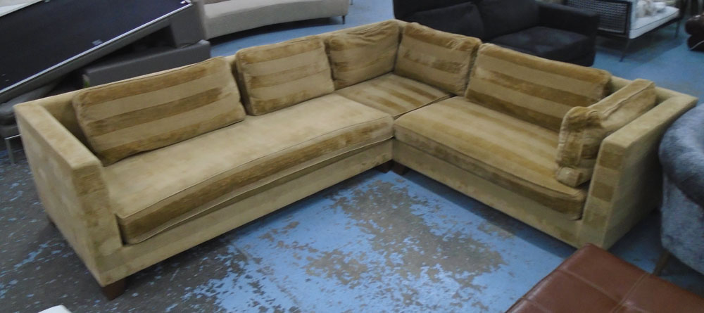 CORNER SOFA, in three sections tan striped fabric on square supports, 284cm x 234cm.