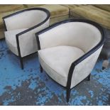 TUB CHAIRS, a pair, in cream suede on an ebonised frame, 73cm W.