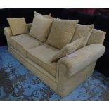SOFA, two seater, in brown and taupe fabric, 200cm L.