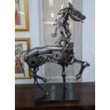 METAL SCULPTURE, made from car parts of a horse on marble base, 78cm H.
