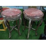 LAMP TABLES, a pair, circular marble top on carved wooden base, 76cm H x 48cm W.