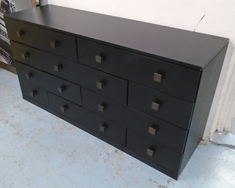 BANK OF DRAWERS, black, 160cm L x 48cm x 83cm H.