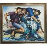 DAVID BROOKE (British) 'Mirror Carp Catch' 1991, oil on board, 64cm x 76.