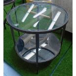 LAMP TABLE, circular glass top with mirrored undertier and bronze frame, 57cm x 57cm.