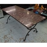 LIBRARY TABLE, with bespoke wrought metal supports and marble top, 168cm L x 77cm x 72cm H.