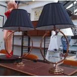 TABLE LAMPS, a pair, copper of ring form on stepped bases with black shades, 69cm H.