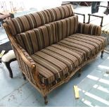 SOFA, two seater, French style in striped fabric on turned fluted supports, 156cm L.