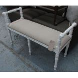 HALL SEAT, in distressed painted finish neutral fabric to seat on six turned supports, 110cm L.