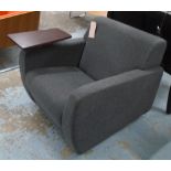 ARMCHAIR, in grey felt on metal base with swivel arm shelf, 74cm H x 80cm x 80cm.