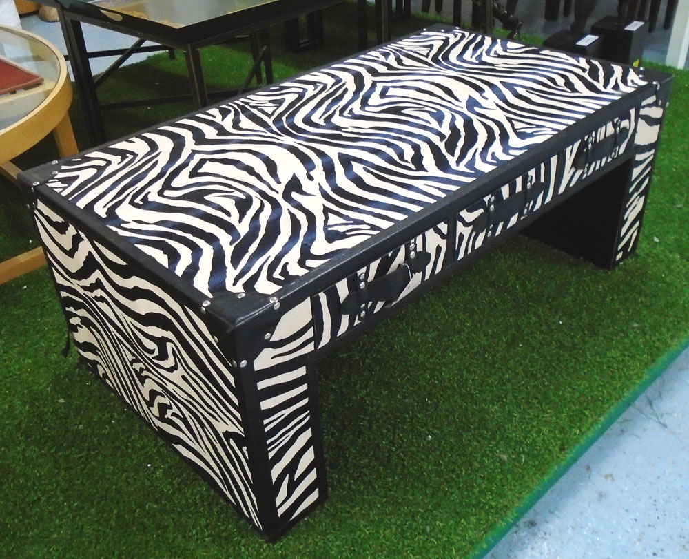 LOW TABLE, faux zebra skin patterned with three drawers below, 110cm x 61cm x 42cm H.