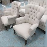 ARMCHAIRS, a pair, button back in a neutral fabric on turned castor supports, 68cm W.