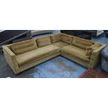 CORNER SOFA, in three sections tan striped fabric on square supports, 284cm x 234cm.