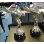 SPIRIT OF ECSTACY FIGURES, a pair, plated metal on marble bases, 31cm H.