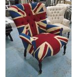 ARMCHAIR, button back in Union flag fabric on turned castor supports, 81cm W.