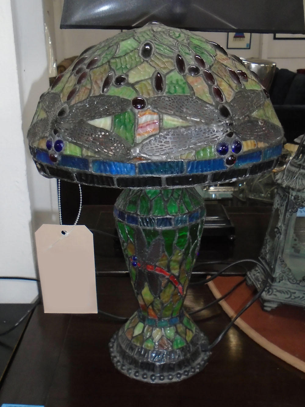 TIFFANY STYLE LAMP, having dragonfly stained glass in lead mounts, 45cm H.