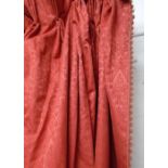 CURTAINS, a pair, damask, lined and interlined with fringe, 205cm gathered by 338cm drop.