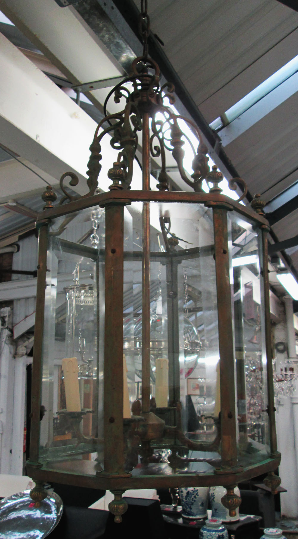 HANGING LANTERN, in bronzed finish with four branches with ornate top section, 86cm H.