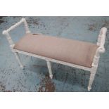 HALL SEAT, in distressed painted finish neutral fabric to seat on six turned supports, 110cm L.