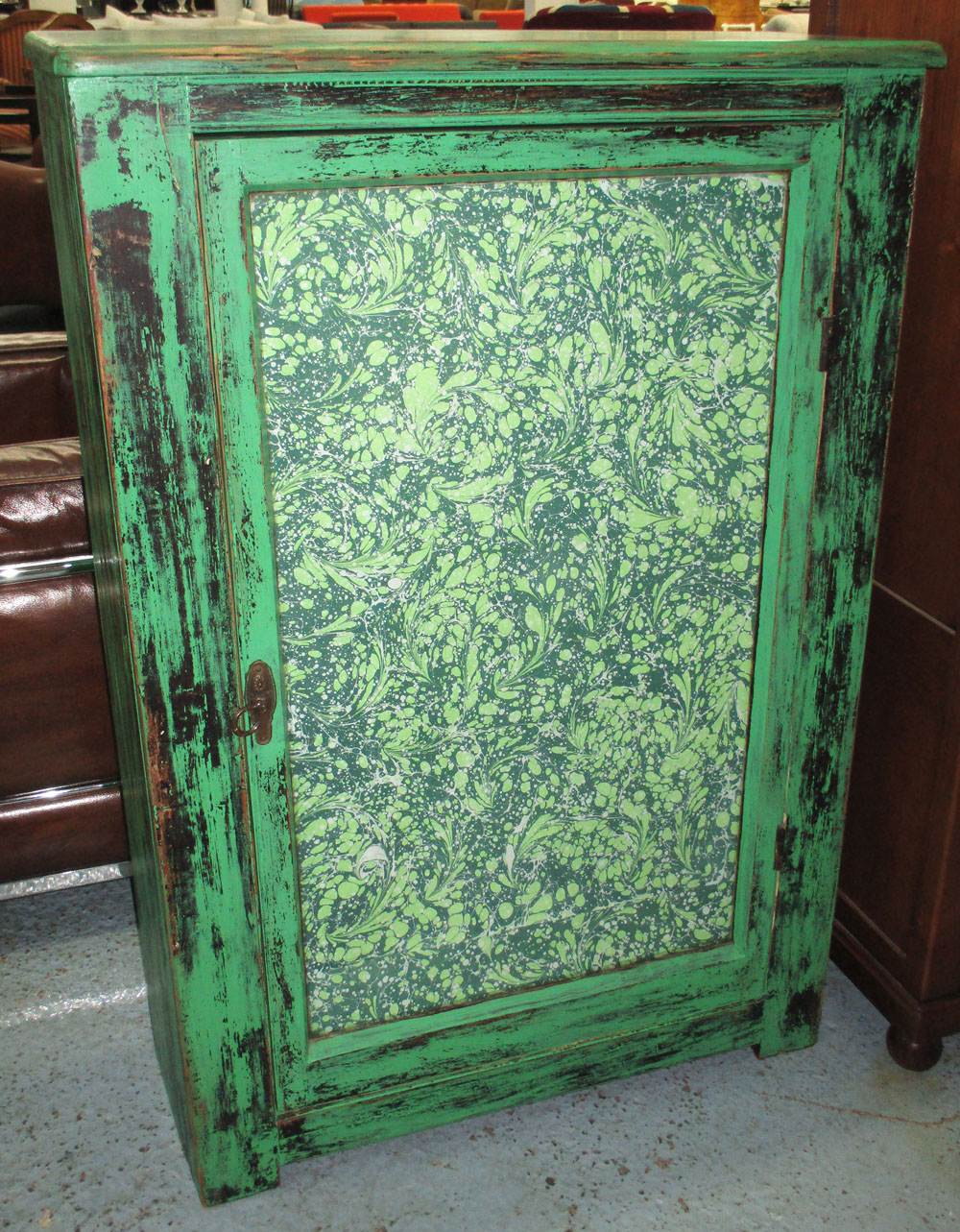 SIDE CABINET, distress green painted with glazed paper backed door enclosing shelves,