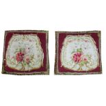 AUBUSSON STYLE TAPESTRY CUSHIONS, a pair, with fringes and bright rouge fabric backs, 50cm x 50cm.