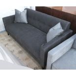 SOFA, two seater, in charcoal fabric on square supports with two scatter cushions, 170cm L.