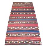 VINTAGE PERSIAN KILIM, 309cm x 161cm, of multiple polychrome bands and ribbon pattern.