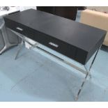DESK, in black faux crocodile finish with two drawers below on X framed chromed metal support,