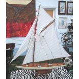 RACING YACHT, in wood on stand, 115cm L x 121cm H.