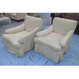 ARMCHAIRS, a pair, Howard style in loose cream flecked Colefax and Fowler fabric on castors, 79cm W.