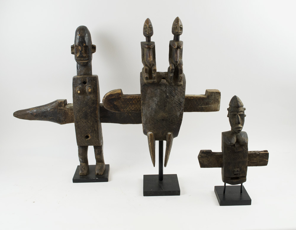 BAMANA DOOR LOCKS, three various carved wood of figurative form,