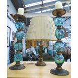 CANDLESTICK HOLDERS, a pair, blue glass, 80cm H overall, and a brass column lamp with shade,