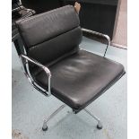 EAMES CHAIR, by Vitra, in black leather on a chromed metal swivel support, label on back and under,