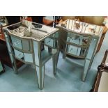 MIRRORED SIDE CHESTS, a pair, with two drawers below on square supports, 52cm x 40cm x 70cm H.