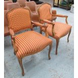 FAUTEUILS, a pair, in striped fabric on a beech frame, 63cm W.