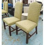 DINING CHAIRS, a set of eight, high backs in floral fabric on square supports, 55cm W.