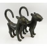 BENIN PALACE LEOPARDS, a pair, patinated bronze, 40cm nose to tail x 43cm H maximum.