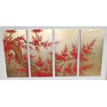 ORIENTAL LACQUER PANELS, a set of four, with red blossom and two finches, 200cm W x 100cm H.