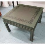 OCCASIONAL TABLE, Chinese style, in green with scrolling leaf decoration to top, 61cm x 61cm x 41cm.
