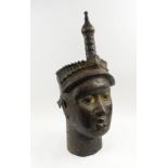 BENIN BRONZE QUEEN'S HEAD, patinated finish, of large proportions, 66cm H maximum.