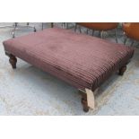 FOOTSTOOL, with deep plum striped upholstery on short turned supports, 104cm W.
