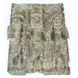 BRONZE PLAQUE, Benin manner depicting a relief design of three warriors, 57cm H x 44cm W.