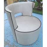 BEDROOM CHAIR, circular, in silk fabric with black piping, 73cm W.