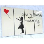 LACQUER PANELS, a set of four, after Banksy street art 'Fight the Fighters', 80cm W x 50cm H.